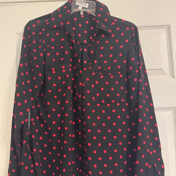 Express Portino Slim Fit Black and Red Polka Dot Button Down Shirt - Picture 1 of 1